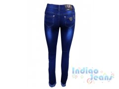 Синие джинсы-стрейч модной варки,с отворотами, для девочек, арт. I33359.