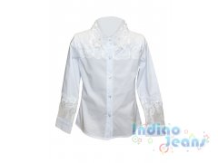 Белая блузка с кружевной отделкой на воротнике и  рукавах,  арт. S346.