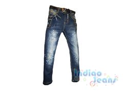 Винтажные джинсы с клепками, с модными потертостями, с ремнем, арт. I6524.