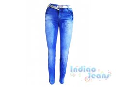 Оригинальные джинсы-стрейч с потертостями, для девочек, ремень в комплекте, арт. I32394.