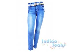 Голубые облегченные джинсы с ремнем, для девочек, арт. I32403.