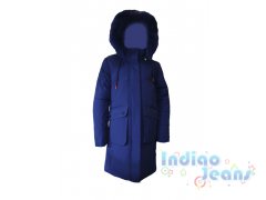 Синее зимнее пальто для девочек с натуральной меховой опушкой, арт. HM-52.